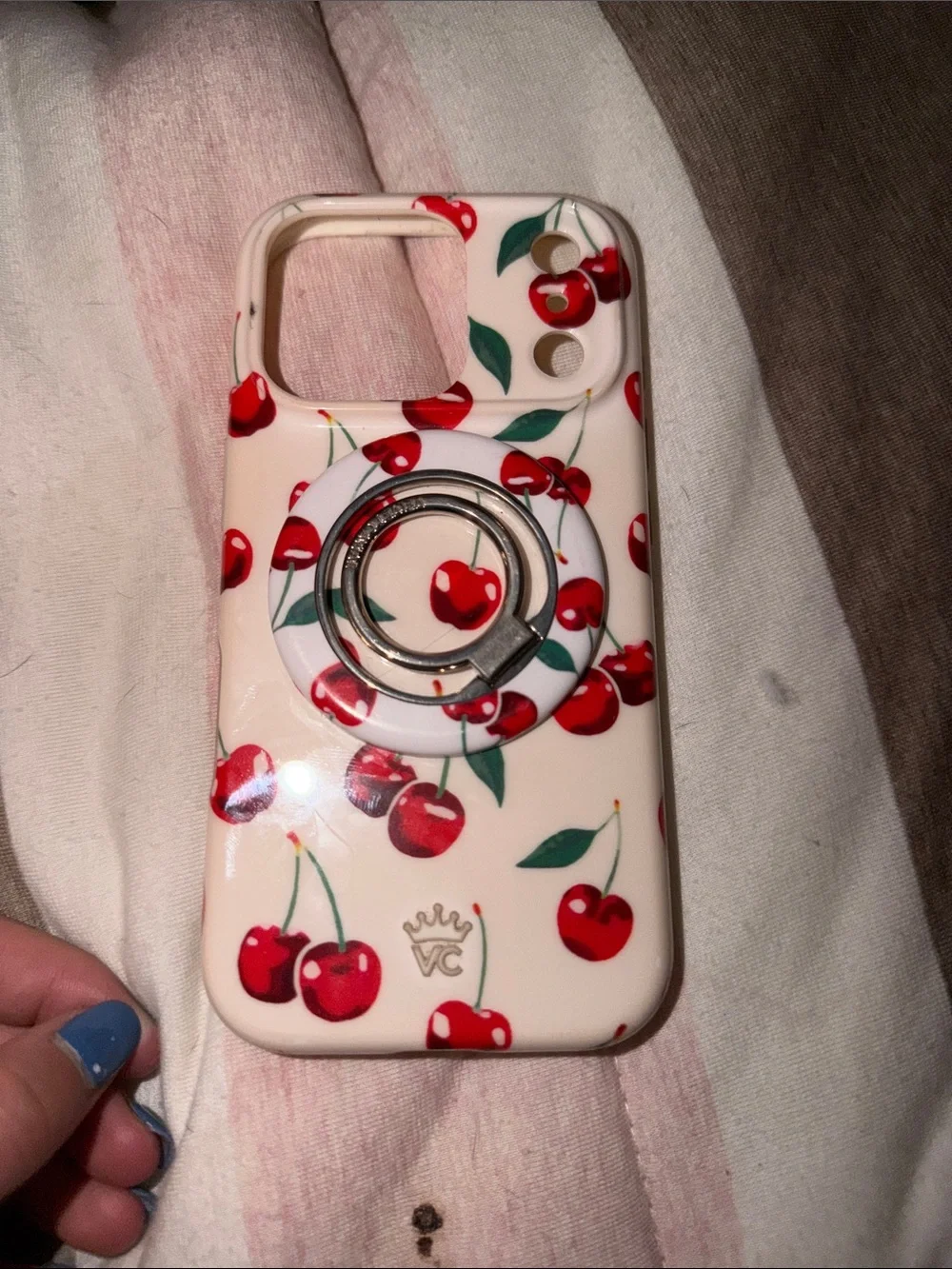 Velvet Caviar Cherry Print Phone Case with Ring Holder - Cream, Red, Green